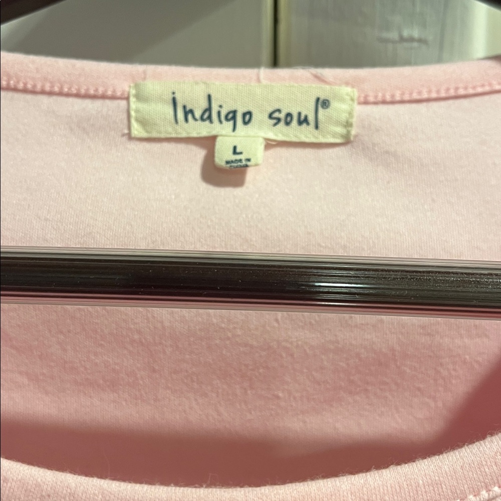 Indigo Soul pink beaded flamingo 3/4 length sleeve cotton shirt Large - Picture 4 of 14